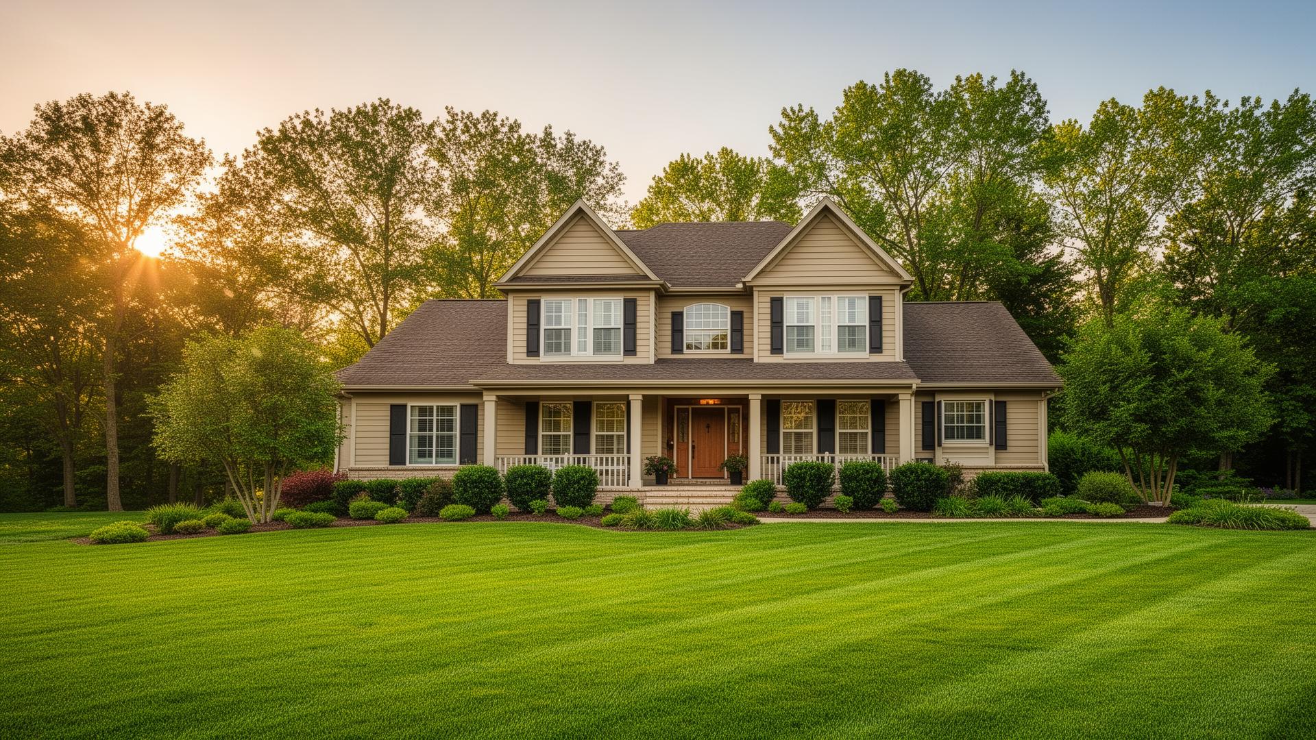 Midwest home with freshly mowed green lawn at golden hour